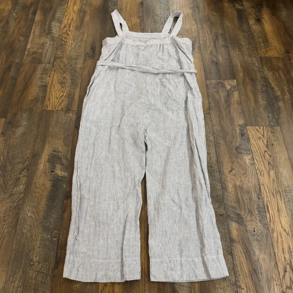 Quince 100% European Linen Pinstripe Wide Leg Belted Jumpsuit Blue White XL